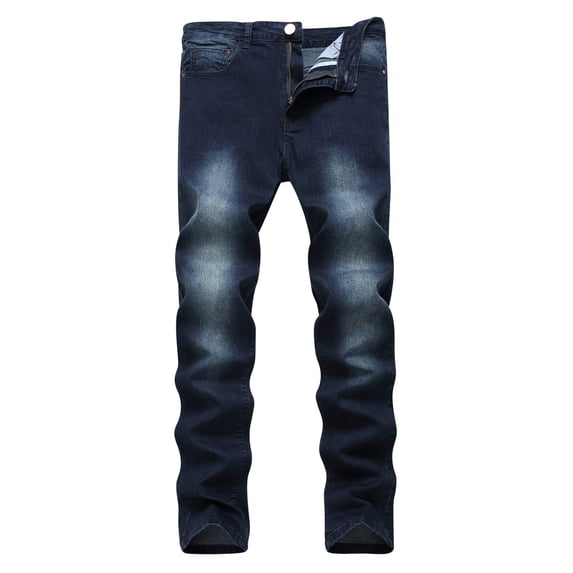 HOOMEUMY Men's Stretch Denim Washed Slim Fit Lightweight Breathable Zipper Biker Jeans Straight Long Pants Blue XL