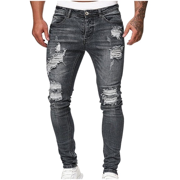 HOOMEUMY Men's Stretch Destroyed Biker Jeans Skinny Fit Ripped Distressed Casual Denim Pants with Holes Gray XL