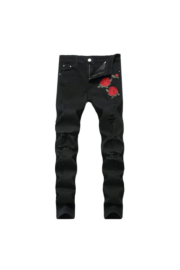 Men's Stretch Ripped Destroyed Biker Jeans with Red Rose Embroidery Slim Fit Casual Denim Pants Black XXL