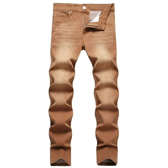 HOOMEUMY Men's Stretch Straight Fit Denim Washed Lightweight Slim Fit Distressed Jeans Carpenter Pants Yellow L