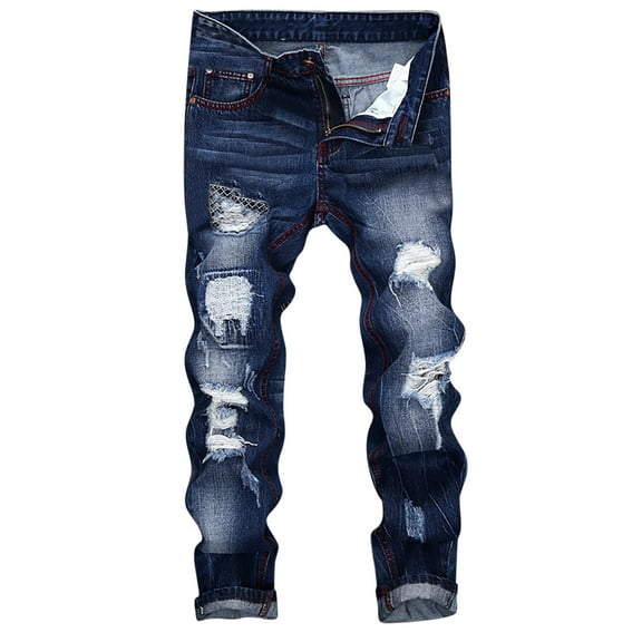 HOOMEUMY Men's Stylish Regular Fit Stretch Fashion Basic Ripped Destroyed Biker Trucker Denim Jeans Pants Blue L