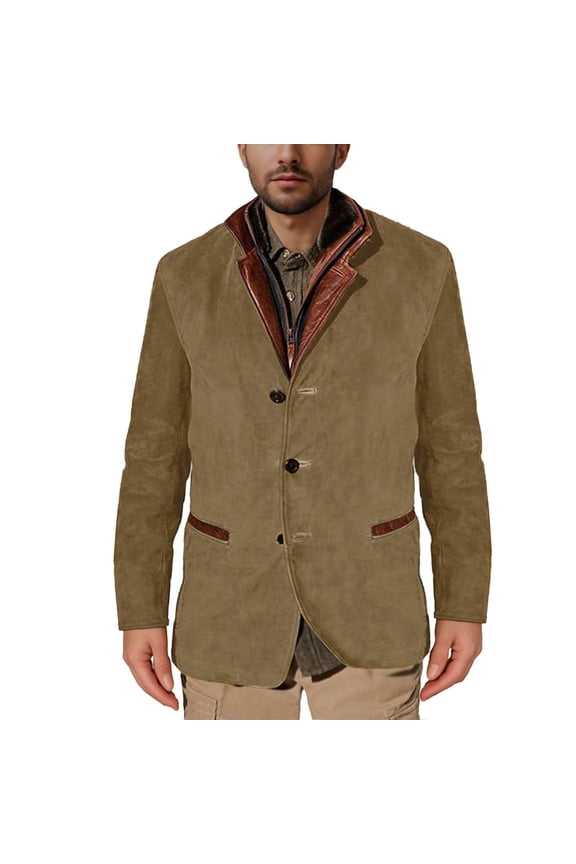 Men's Suede Blazer Jacket Button Down Outerwear Brown Faux Leather Winter Warm Solid Color Stand Collar Long Sleeve Outwear Khaki XXL