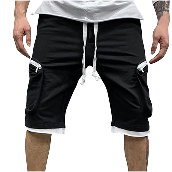 HOOMEUMY Men's Summer Shorts Drawstring Elastic Waist Multi-Pockets Solid Color Straight Fit Shorts Bermuda Beachwear Black 10