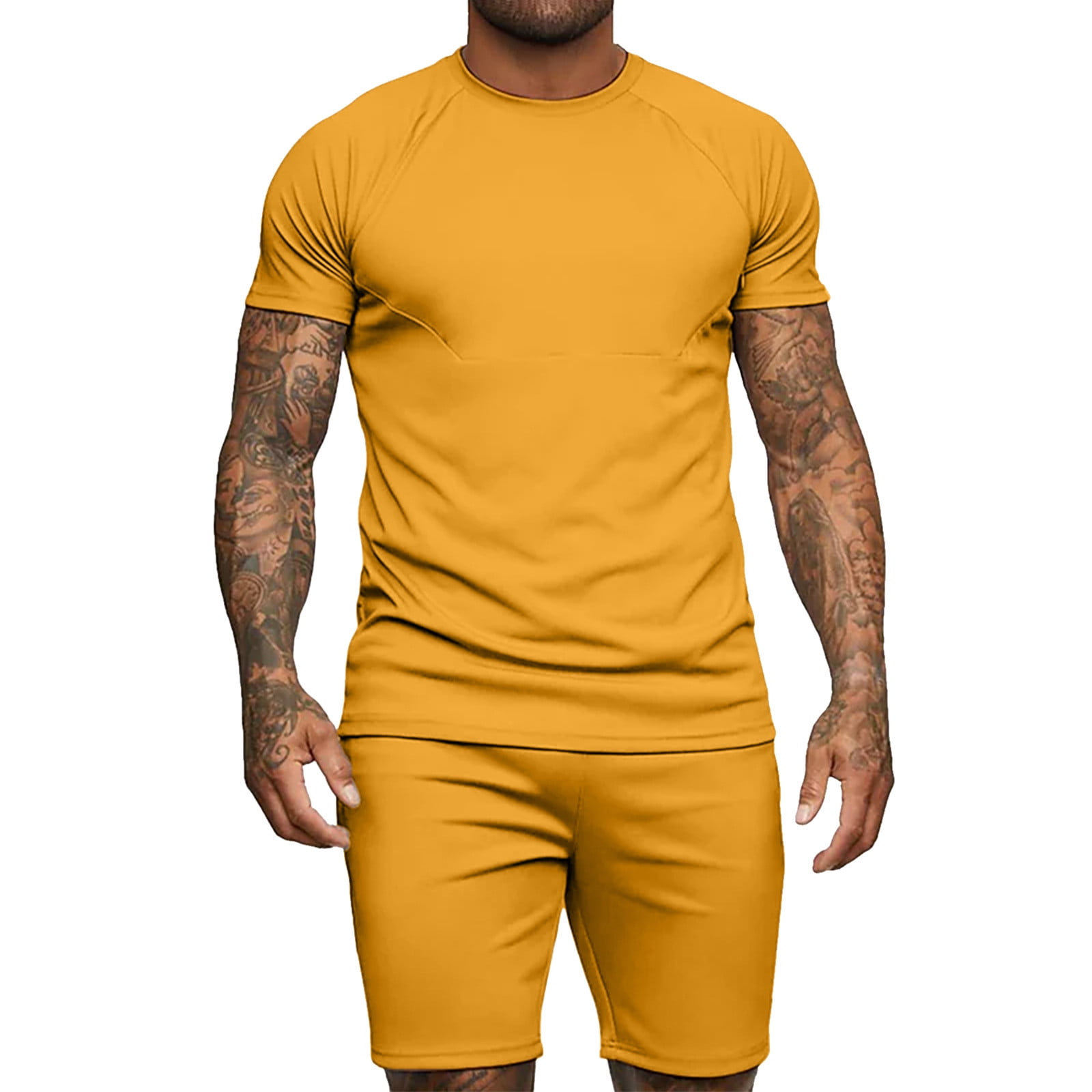 HOOMEUMY Men's Summer 2 Piece Outfit Solid Color Short Sleeve T-Shirt Shorts Set Sportswear Tracksuit Gym Jogging Suit Set Yellow L