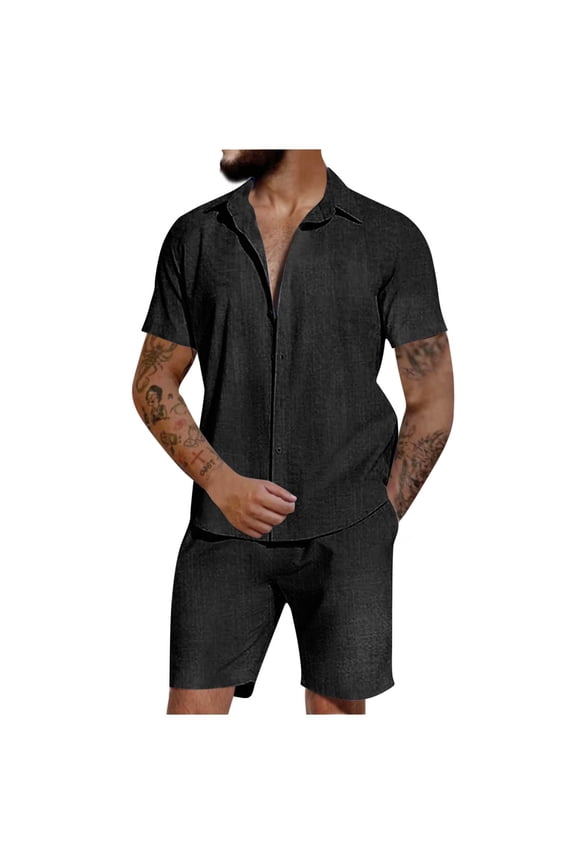 Men's Summer 2 Piece Outfits Linen Short Sleeve Button Down Shirts Shorts Set Solid Color Loose Fit Beach Shorts Sets Black L