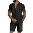 thumbnail image 1 of HOOMEUMY Men's Summer 2 Piece Outfits Linen Short Sleeve Button Down Shirts Shorts Set Solid Color Loose Fit Beach Shorts Sets Black M, 1 of 7