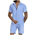 thumbnail image 1 of HOOMEUMY Men's Summer 2 Piece Outfits Linen Short Sleeve Button Down Shirts Shorts Set Solid Color Loose Fit Beach Shorts Sets Blue XXL, 1 of 6