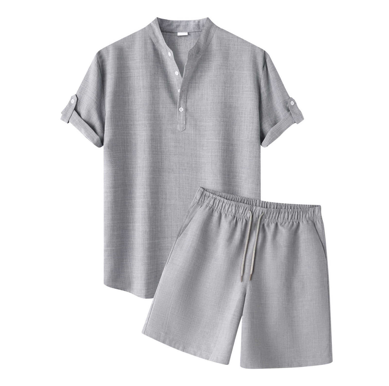 HOOMEUMY Men's Summer 2 Piece Outfits Linen Short Sleeve Button Down Shirts Shorts Sets Solid Color Beach Short Tracksuit Gray S