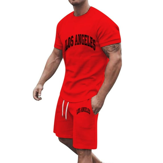HOOMEUMY Men's Summer 2 Piece Outfits Short Sleeve Crew Neck T-Shirt Drawstring Shorts Set Solid Color Sportswear Tracksuit Gym Fitness Jogging Suit Red XXXL