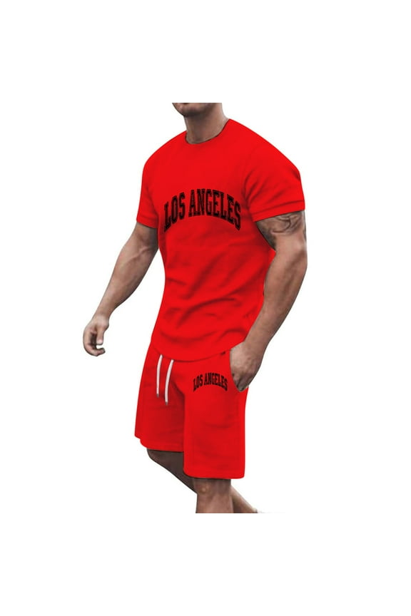Men's Summer 2 Piece Outfits Short Sleeve Crew Neck T-Shirt Drawstring Shorts Set Solid Color Sportswear Tracksuit Gym Fitness Jogging Suit Red L