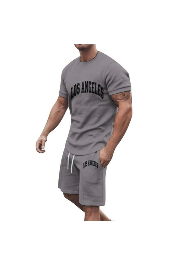 Men's Summer 2 Piece Outfits Short Sleeve Crew Neck T-Shirt Drawstring Shorts Set Solid Color Sportswear Tracksuit Gym Fitness Jogging Suit Gray XXL