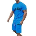 thumbnail image 1 of HOOMEUMY Men's Summer 2 Piece Outfits Short Sleeve Crew Neck T-Shirt Drawstring Shorts Set Solid Color Sportswear Tracksuit Gym Fitness Jogging Suit Blue XL, 1 of 3