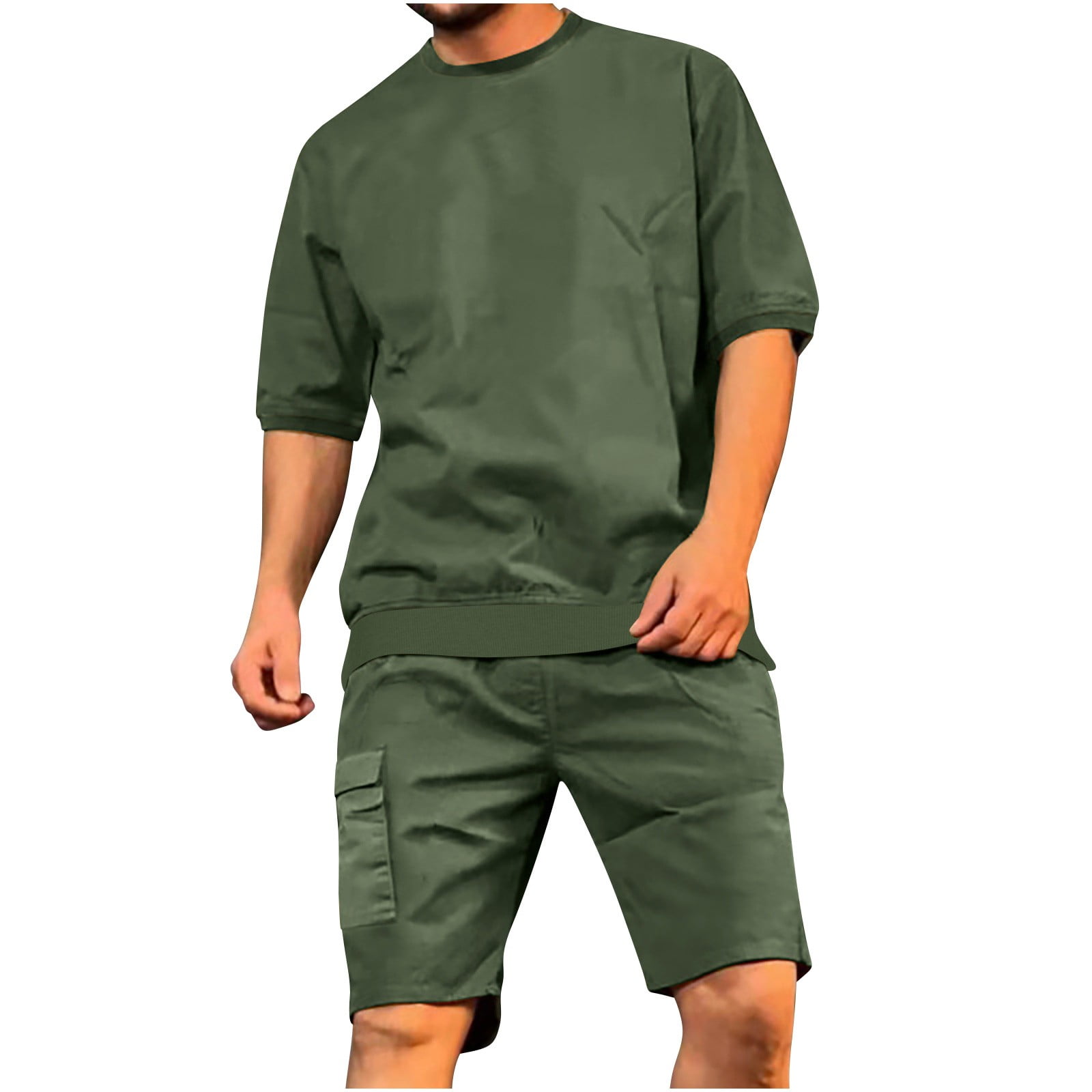 HOOMEUMY Men's Summer 2 Piece Outfits Short Sleeve Crew Neck T-Shirt Shorts Set Solid Color Tracksuit Jogger Set Green XXL
