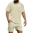 thumbnail image 1 of HOOMEUMY Men's Summer 2 Piece Outfits Solid Color Short Sleeve T-Shirt Shorts Tracksuit Set with Pocket Beige S, 1 of 5