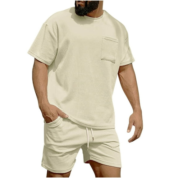 HOOMEUMY Men's Summer 2 Piece Outfits Solid Color Short Sleeve T-Shirt Shorts Tracksuit Set with Pocket Beige XXL