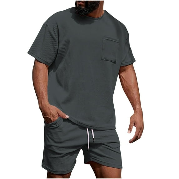 HOOMEUMY Men's Summer 2 Piece Outfits Solid Color Short Sleeve T-Shirt Shorts Tracksuit Set with Pocket Gray XL