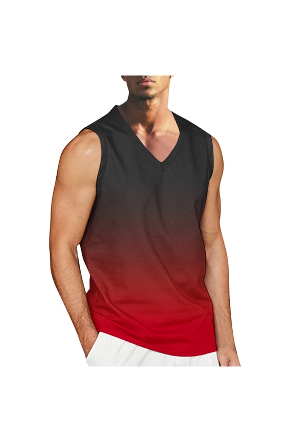 Men's Summer Athletic Running Gradient Color Tank Top V Neck Sleeveless Tank Top Loose Fit Muscle Vests Red S