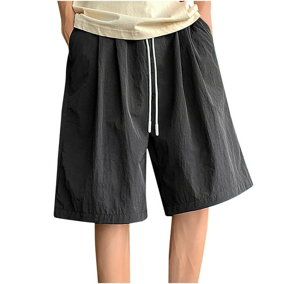 HOOMEUMY Men's Summer Baggy Beach Shorts Quick Dry Lightweight Drawstring Elastic Waist Solid Color Bermuda Shorts with Pockets Black XL