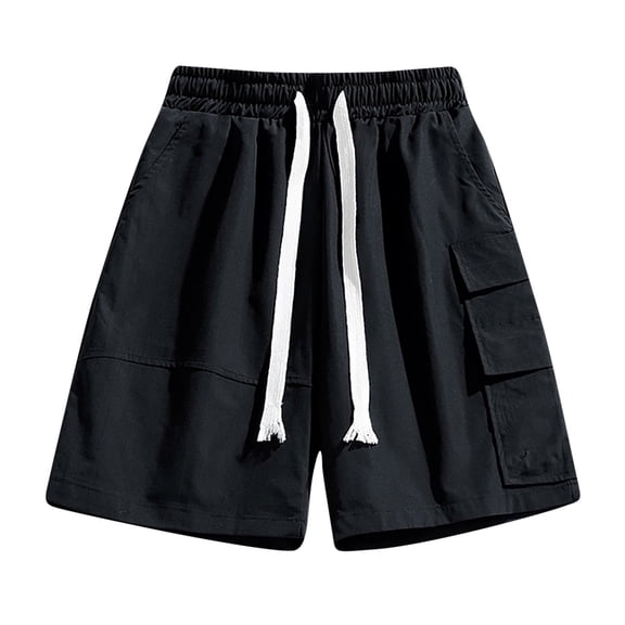 HOOMEUMY Men's Summer Baggy Cargo Shorts with Pockets Solid Color Drawstring Elastic Waist Loose Fit Beach Shorts Black L