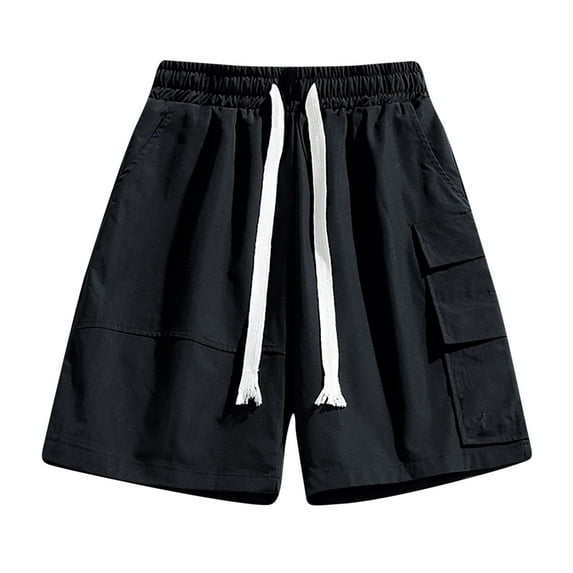 HOOMEUMY Men's Summer Baggy Cargo Shorts with Pockets Solid Color Drawstring Elastic Waist Loose Fit Beach Shorts Black XL