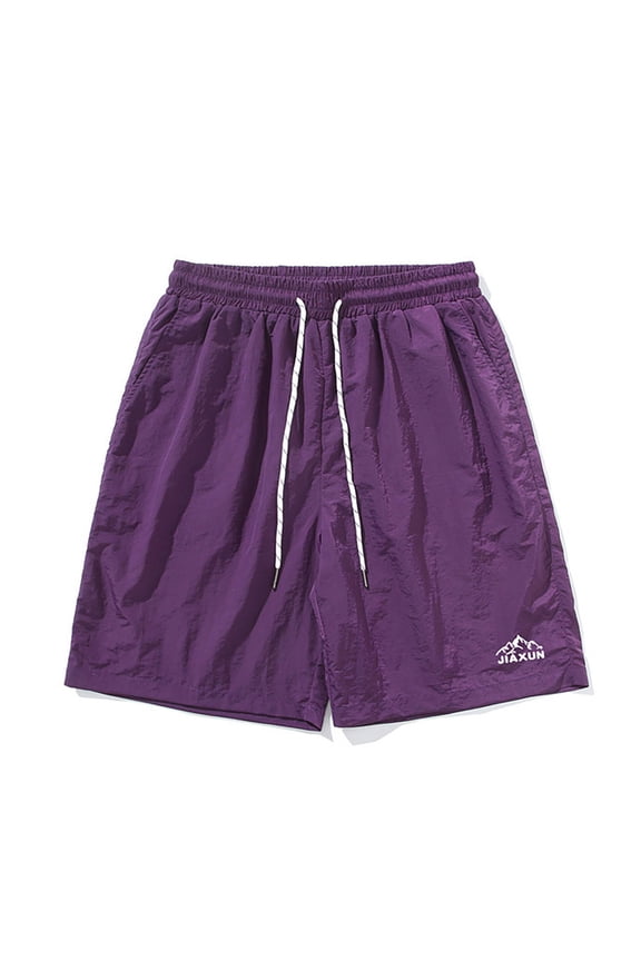 Men's Summer Bamboo Embroidery Drawstring Shorts Pockets Breathable Sports Running Beach Shorts Purple M