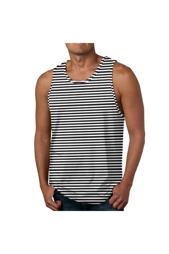 Men's Summer Basic Fitness Lightweight Breathable Loose Fit Crew Neck Black White Horizontal Striped Tank Tops Black XXL