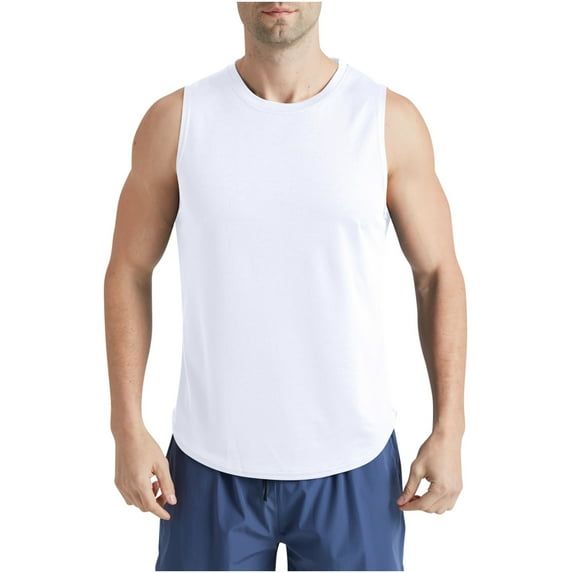 HOOMEUMY Men's Summer Basic Muscle Tank Tops Solid Color Crew Neck Workout Sleeveless Curved Hem Loose Fit Athletic UnderVests Gym Tank Top White M