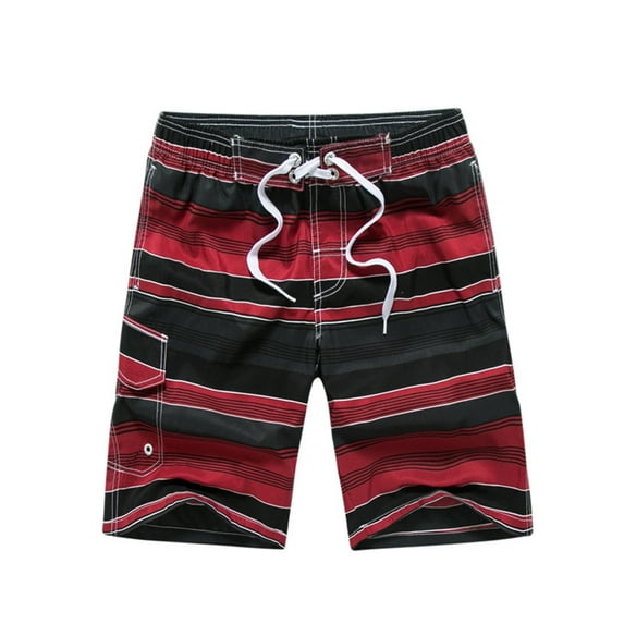 HOOMEUMY Men's Summer Beach Shorts Drawstring Elastic Waist Quick Dry Striped Bermuda Cargo Shorts with Pockets Red XXXL