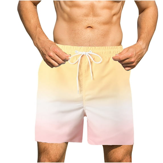 HOOMEUMY Men's Summer Beach Shorts Quick Dry Swim Trunks with Pockets Drawstring Elastic Waist Gradient Color Bathing Suits Yellow L