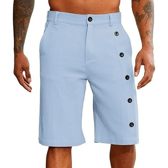 HOOMEUMY Men's Summer Beach Shorts Solid Color Side Button Linen Shorts Male Breathable Straight Short Pants with Pockets Blue L
