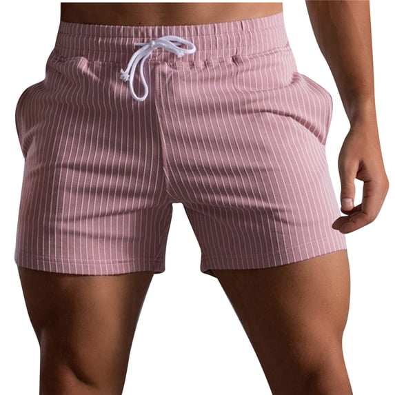 HOOMEUMY Men's Summer Beach Shorts Striped Drawstring Elastic Waist Loose Fit Activewear Gym Workout Shorts with Pockets Pink L