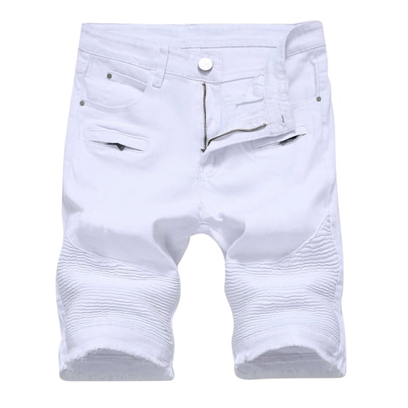 HOOMEUMY Men's Summer Biker Jeans Shorts Distressed Stretch Slim Fit Denim Shorts Ripped Hole Short Pants Red White M