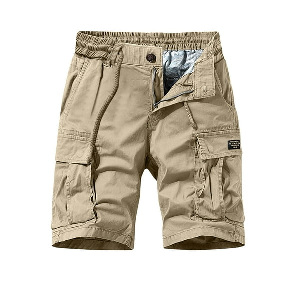 HOOMEUMY Men's Summer Cargo Shorts Cotton Loose Fit Drawstring Multi-Pocket Straight Short Pants with Belt Yellow L