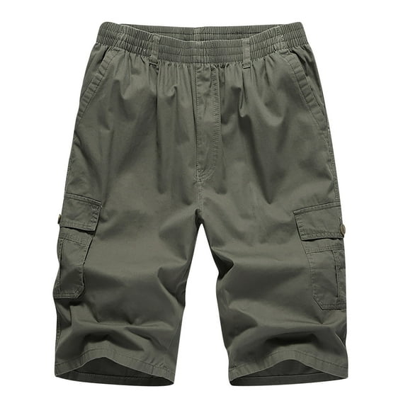 HOOMEUMY Men's Summer Cargo Shorts Cotton Loose Fit Multi-Pockets Solid Capri Short Pants with Elastic Waist Green XXL
