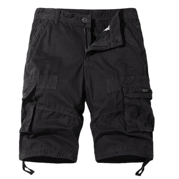 HOOMEUMY Men's Summer Cargo Shorts Cotton Loose Fit Multi-Pockets Straight Capri 3/4 Short Pants Black Black S
