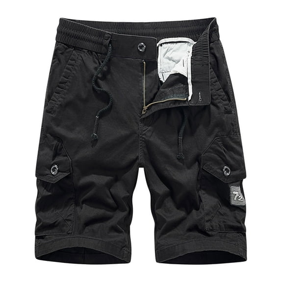 HOOMEUMY Men's Summer Cargo Shorts Cotton Loose Fit Wear-resistant Baggy Straight Pockets Solid Color Bermuda Short Pants Black M