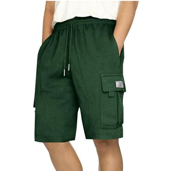 HOOMEUMY Men's Summer Cargo Shorts Solid Color Multi-Pockets Straight Drawstring Elastic Waist Beach Shorts Green S