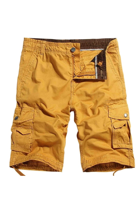 Men's Summer Cargo Shorts Solid Multi-Pocket Straight Fit Military Army Shorts Bermuda Knee Length Yellow XXXL