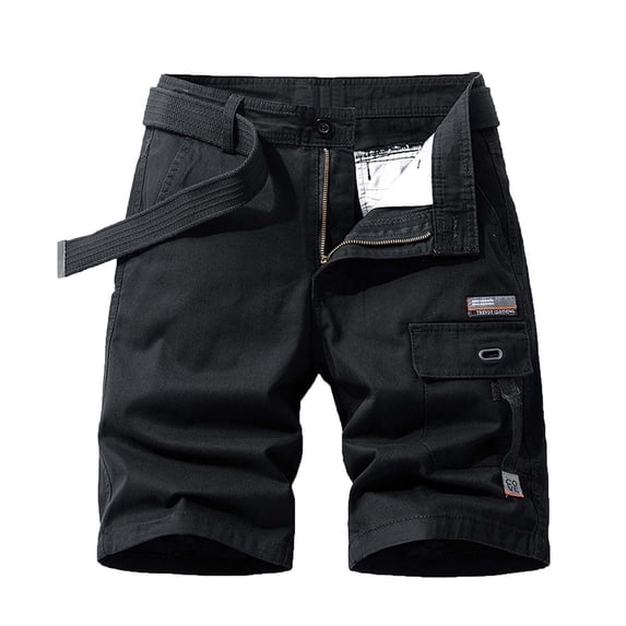 HOOMEUMY Men's Summer Cargo Shorts Straight Fit Bermuda Knee Length Shorts with Belt Solid Multi-Pockets Black L