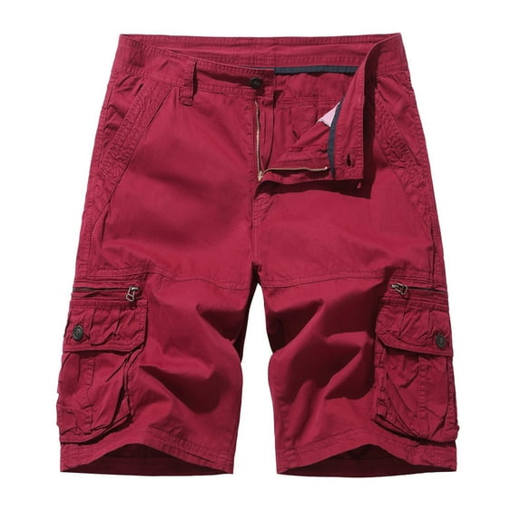 HOOMEUMY Men's Summer Cargo Shorts Straight Fit Bermuda Work Shorts with Pockets Solid Color Outdoor Hiking Knee Length Shorts Red XXXL