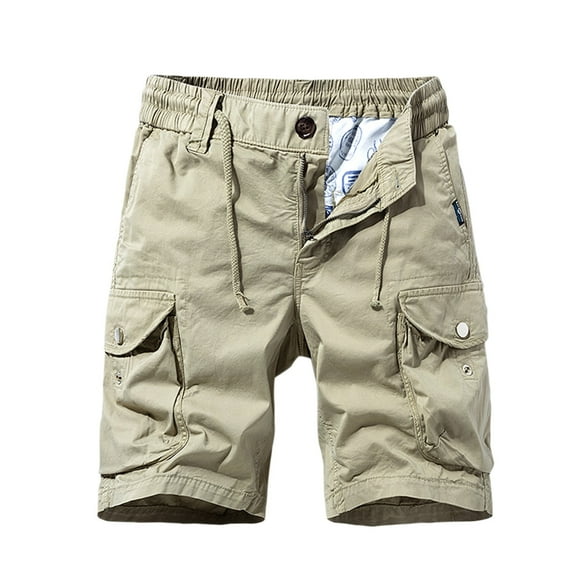 HOOMEUMY Men's Summer Cargo Shorts Straight Fit Multi-Pockets Button Drawstring Solid Color Knee Length Shorts Yellow S
