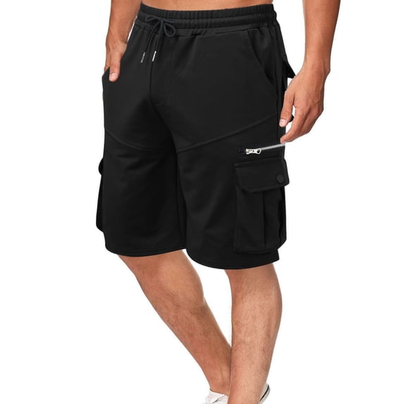 HOOMEUMY Men's Summer Cargo Shorts Straight Fit with Zipper Pockets Solid Color Drawstring Elastic Waist Bermuda Beach Shorts Black XL