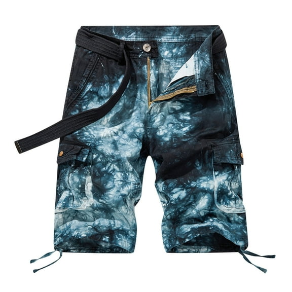 HOOMEUMY Men's Summer Cargo Shorts Tie Dye Camouflage Multi-Pocket Loose Fit Straight Work Shorts with Belt Black XXL