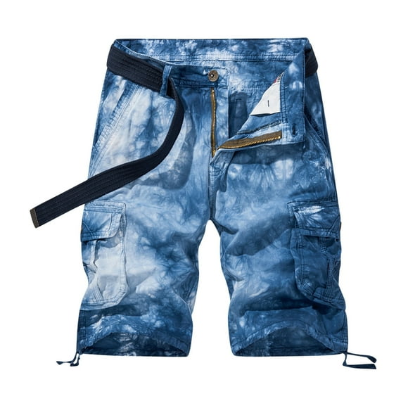 HOOMEUMY Men's Summer Cargo Shorts Tie Dye Camouflage Multi-Pocket Loose Fit Straight Work Shorts with Belt Blue M