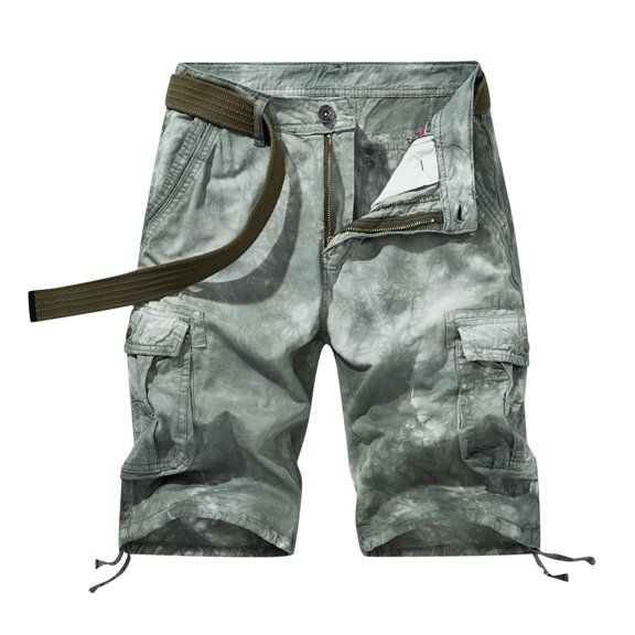 HOOMEUMY Men's Summer Cargo Shorts Tie Dye Camouflage Multi-Pocket Loose Fit Straight Work Shorts with Belt Green M