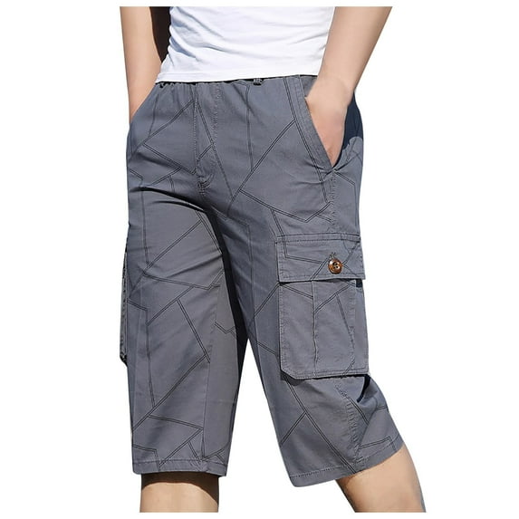 HOOMEUMY Men's Summer Cargo Shorts with Pockets Geometric Printed Lightweight Beach Shorts Drawstring Elastic Waist Bermuda Short for Men Gray XXXXXL