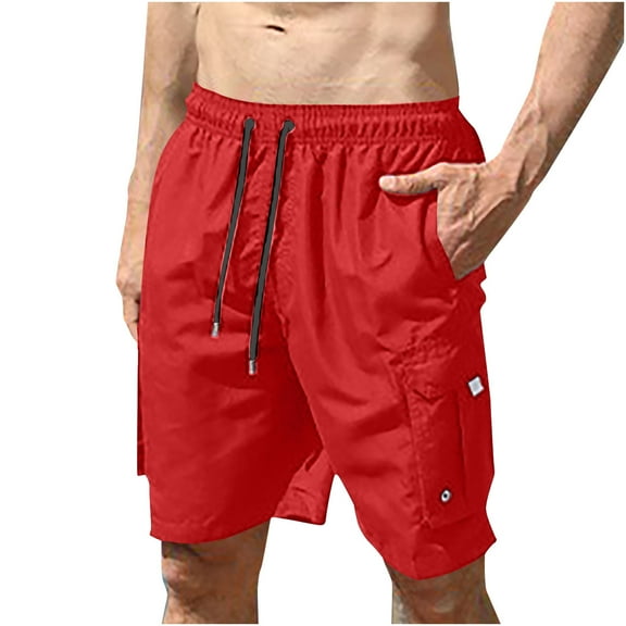 HOOMEUMY Men's Summer Cargo Swim Trunks Quick Dry Beach Shorts with Pockets Drawstring Lightweight Bathing Suits Red L