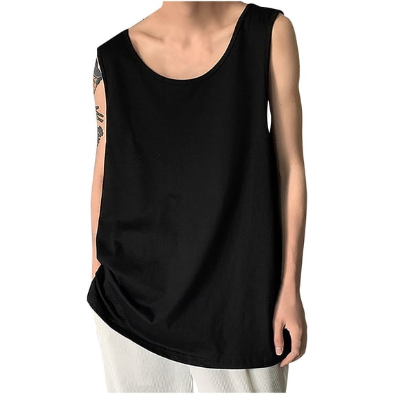HOOMEUMY Men's Summer Casual Tank Top Fitness Solid Color Loose Fit Basic Scoop Neck Sleeveless Tank Top UnderVest Black M