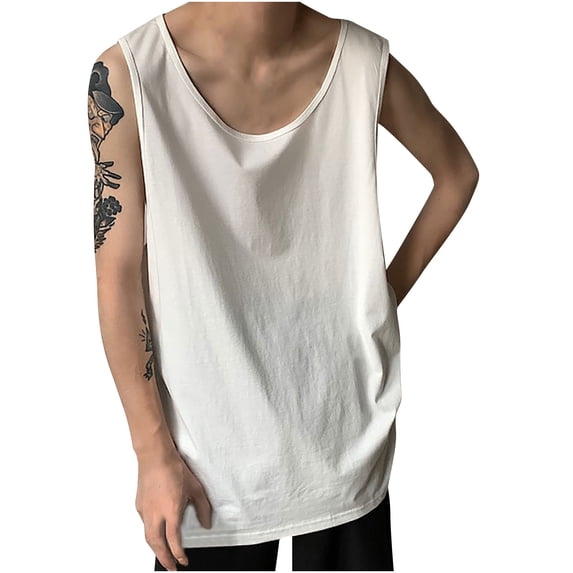 HOOMEUMY Men's Summer Casual Tank Top Fitness Solid Color Loose Fit Basic Scoop Neck Sleeveless Tank Top UnderVest White XXXL