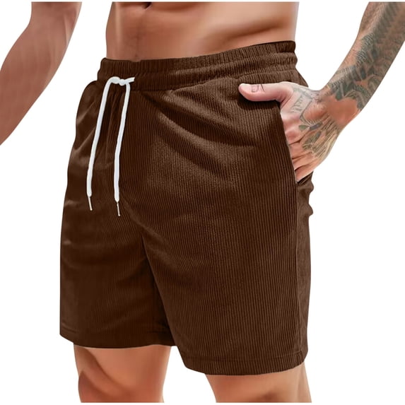 HOOMEUMY Men's Summer Corduroy Shorts Straight Fit Elastic Waist Beach Shorts with Pockets Solid Color Drawstring Lounge Shorts Brown XXL